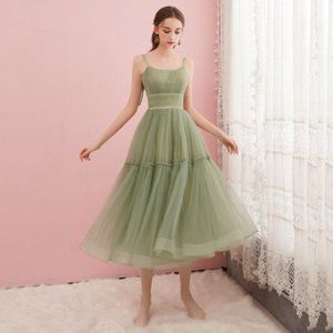 Sage green tulle bridesmaids lace-up dress